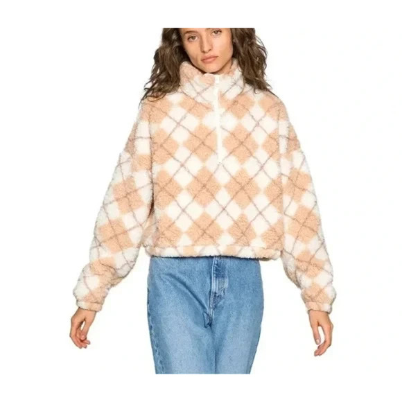 Hollister Sweater XS Tan Cream Argyle Sherpa Fleece Quarter Zip Cozy Sweatshirt - Picture 2 of 10